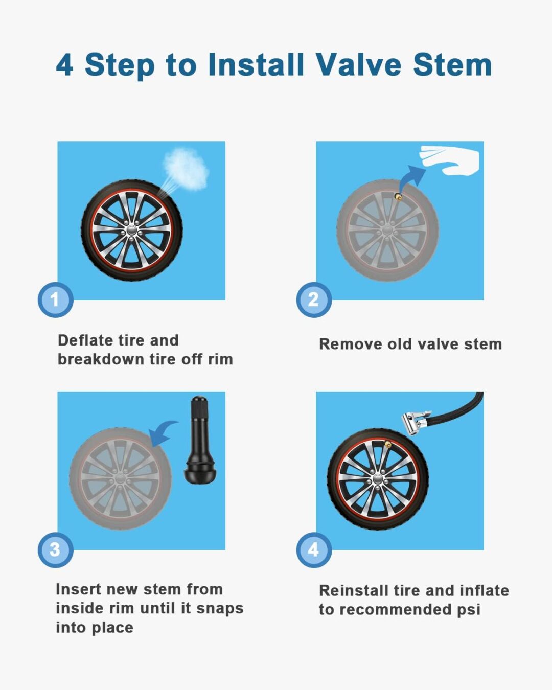 MEIHUA | TR414 100pcs Tire Valve Stem – Rubber Snap-In Valves for Tubeless Tires, Fits 0.453" Rim Holes - Image 4